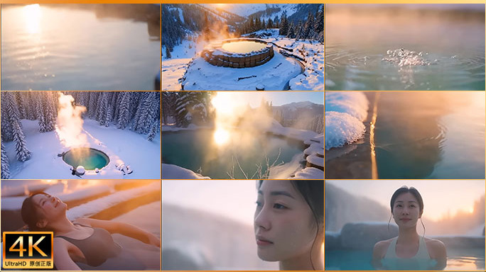 冬日温泉雪景度假 雪中矿物温泉雾气缭绕