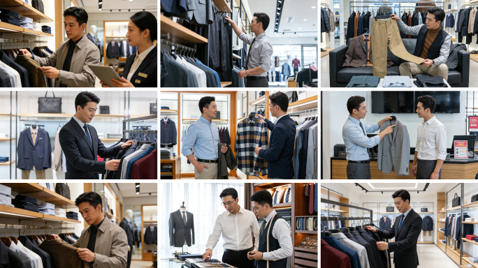 男士服装店购物场景 男装店挑选试穿过程