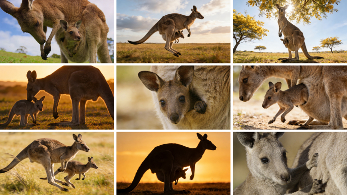 袋鼠母子温馨互动瞬间 夕阳下的袋鼠家族