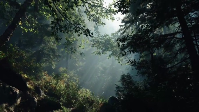 清晨阳光森林雾气弥漫