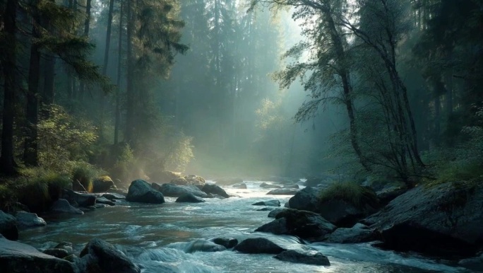 森林溪流晨雾美景