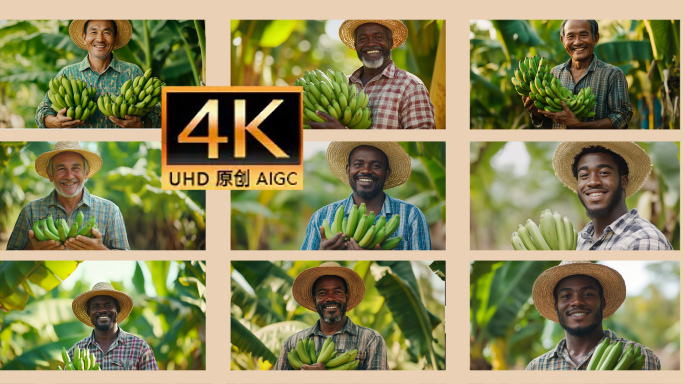 丰收的香蕉园果农 手持香蕉的笑脸农夫果园