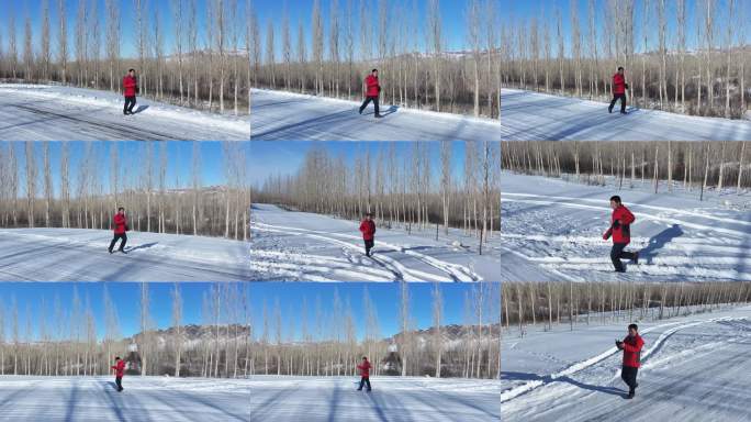雪地红衣男子跑步
