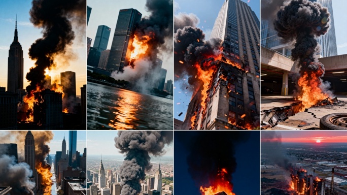 4k竖屏城市建高楼筑火灾爆炸场面