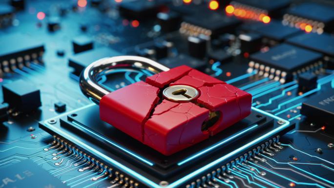 电路板上的破碎红锁科技感电子锁断裂动画