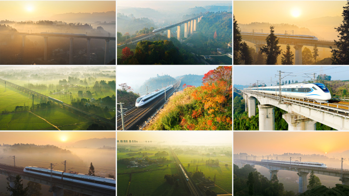 动车高铁列车穿越田园乡村日出晨雾航拍