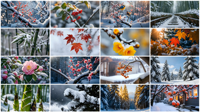 雪中红梅腊梅竹子红叶 雪压枝头 枝头积雪