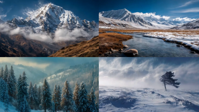 冬日雪景风光 冬季森林雪山河流植物空境