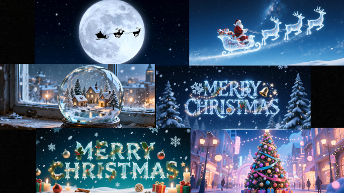 4k圣诞老人驾着雪橇飞到天上去