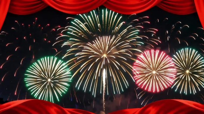 红色幕布烟花绽放背景