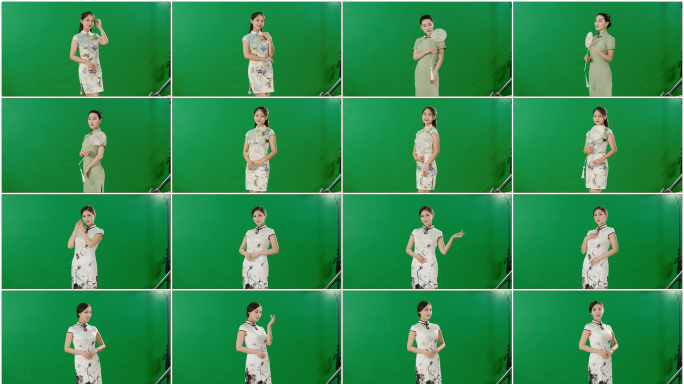 旗袍汉服女子持扇电商绿幕特效素材