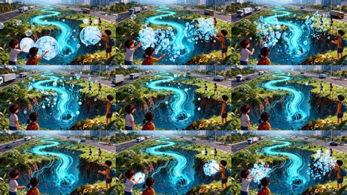 孩子们与蓝色能量流互动