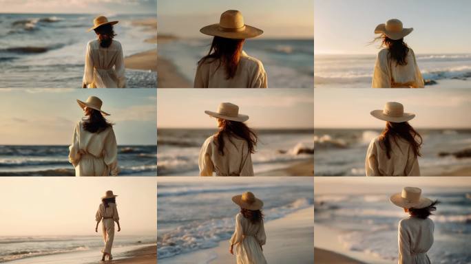 夕阳沙滩漫步背影海边戴帽女子背影