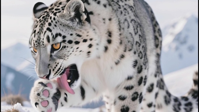 雪山雪豹高清特写雪地猛兽雪豹素材