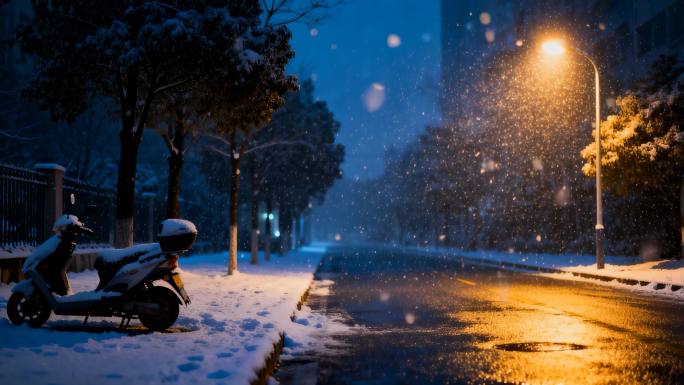 冬天雪景雪夜城市交通车流雪中行人街景路灯