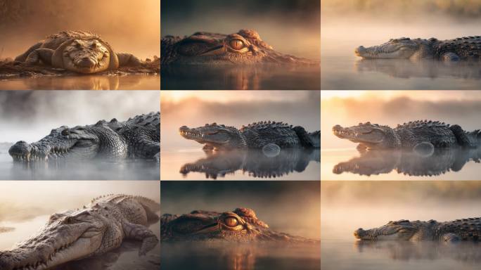 神秘鳄鱼沼泽影像鳄鱼晨雾特写镜头