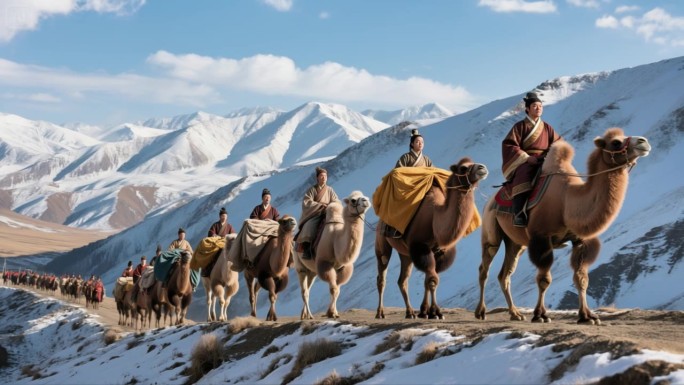 丝绸之路驼队在雪山上行进