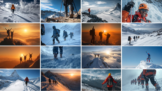 励志雪山登顶攀登团队合作徒步爬山探险