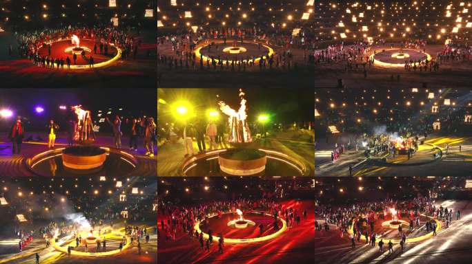 彝族火把节篝火晚会民族舞蹈人群狂欢