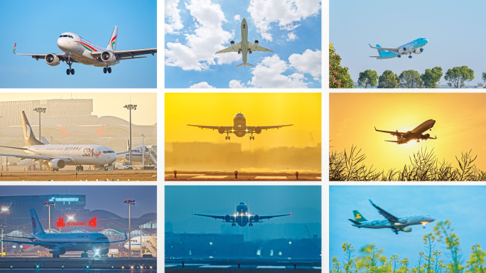 实拍飞机起飞降落悬日悬月出行春节回家