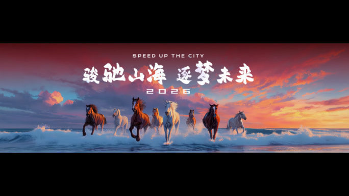 6K骏马奔腾晚霞大海循环背景