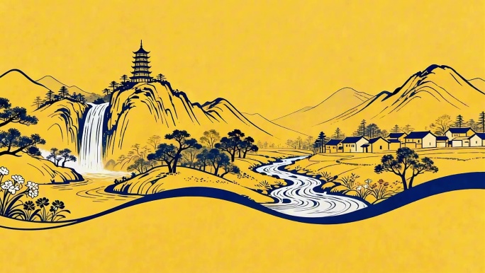 金色水墨风景动画