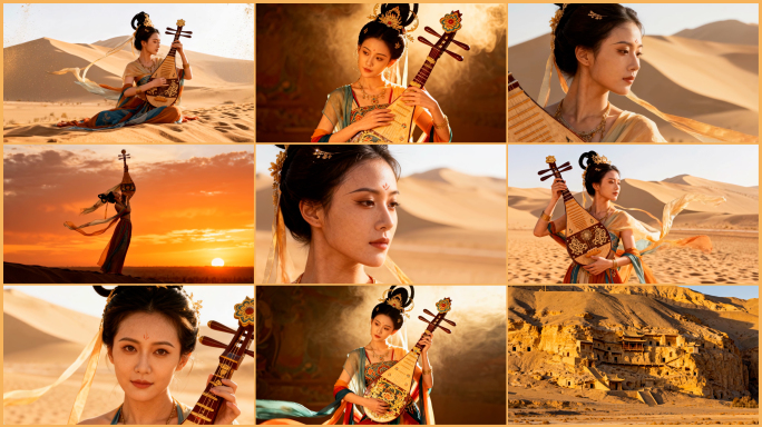 敦煌飞天沙漠琵琶舞美女唯美意境仙女沙漠