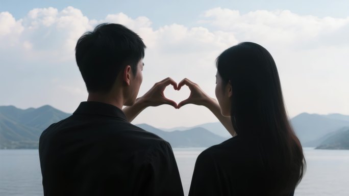 情侣背影比心 山水背景