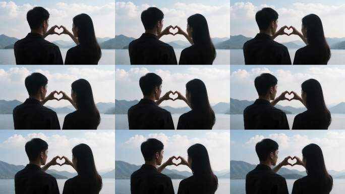 情侣背影比心 山水背景