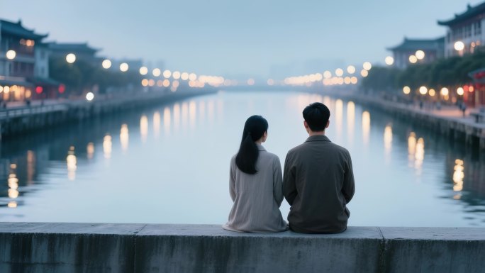 古城河畔的情侣背影