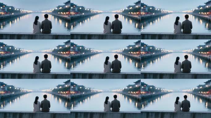 古城河畔的情侣背影