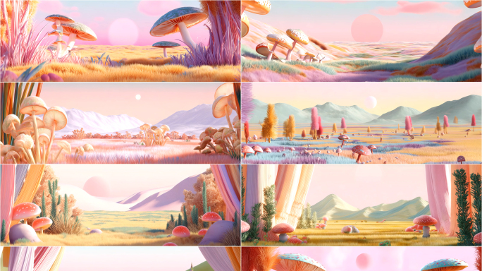 宽屏梦幻粉色童话蘑菇仙境背景