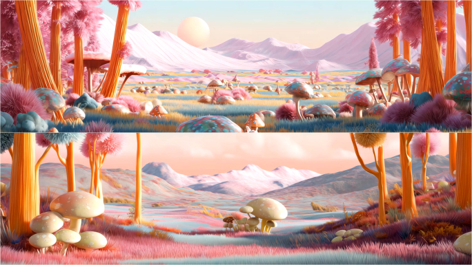 宽屏梦幻粉色童话蘑菇仙境背景