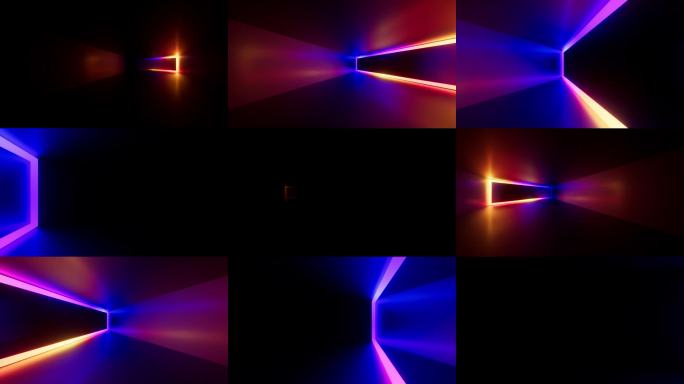 循环的3D动画。发光的霓虹矩形边框在黑暗的隧道中出现并滑动。镜头向前穿过无尽的走廊。抽象的几何背景