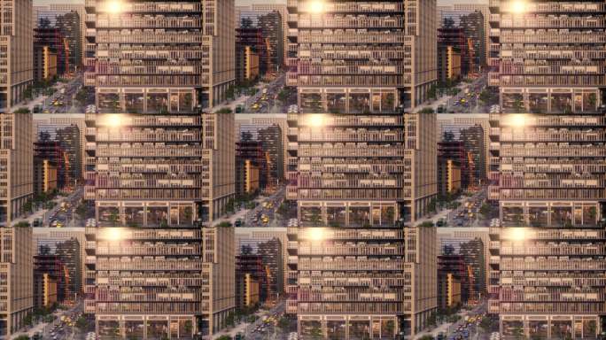 建立城市建筑的高空外景镜头。繁忙的道路上有行驶的车辆和亮灯的办公窗户。底层商店。日落或日出清晨的静态