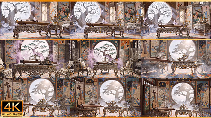 古风雅致琴棋书画背景 新中式禅意客厅背景