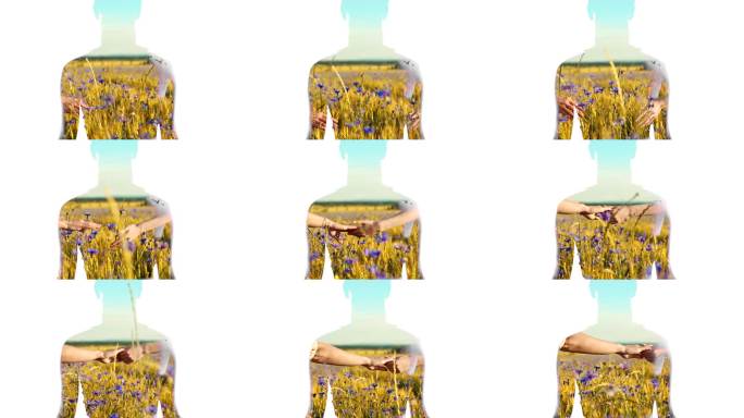 WS 一位女性在田野中冥想，背景是一对情侣手牵手。