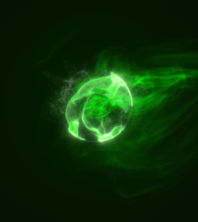 抽象发光的绿色能量球，带有发光的烟雾轨迹，象征着未来科技和宇宙技术