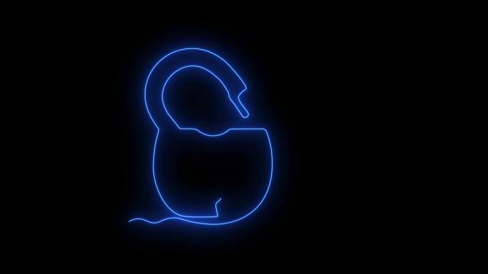 抽象开锁，解锁的挂锁和钥匙，自绘动画一笔画出，标志。炽热的火焰，能量，黑色背景上的火。霓虹蓝色发光标