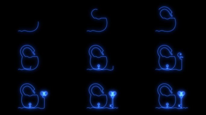 抽象开锁，解锁的挂锁和钥匙，自绘动画一笔画出，标志。炽热的火焰，能量，黑色背景上的火。霓虹蓝色发光标