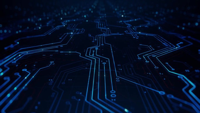 现代抽象科技主题背景，带有线条和主板轨迹。可无缝循环的印刷电路板图案动画。概念：电子和科学创新。