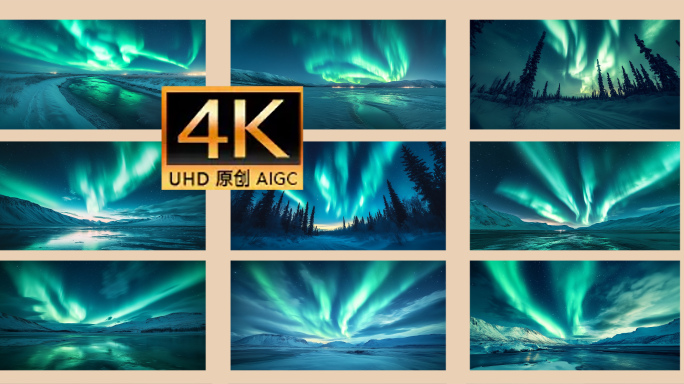 绝美绿色极光夜空 极光下的冰雪森林夜景