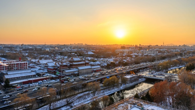 北京冬季雍和宫雪景车流延时