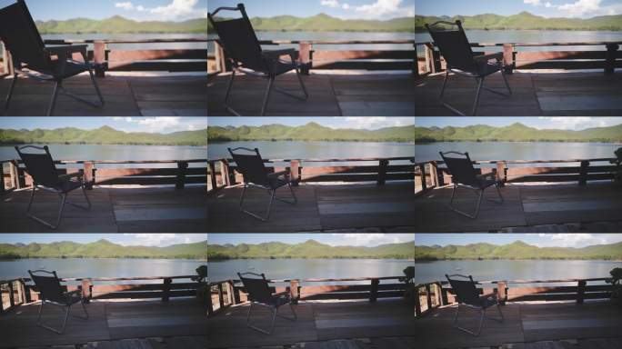 在宁静的湖边，放松地坐在躺椅上，享受大自然的美景，平静的环境，宁静的概念。