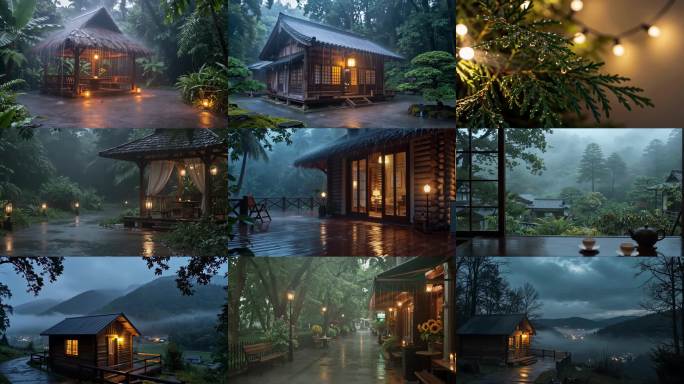 雨夜日式木屋庭院 山林温泉民宿夜景