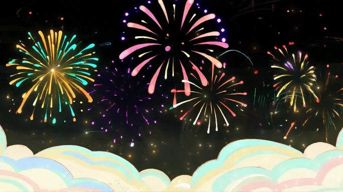 卡通云朵烟花绽放动态背景