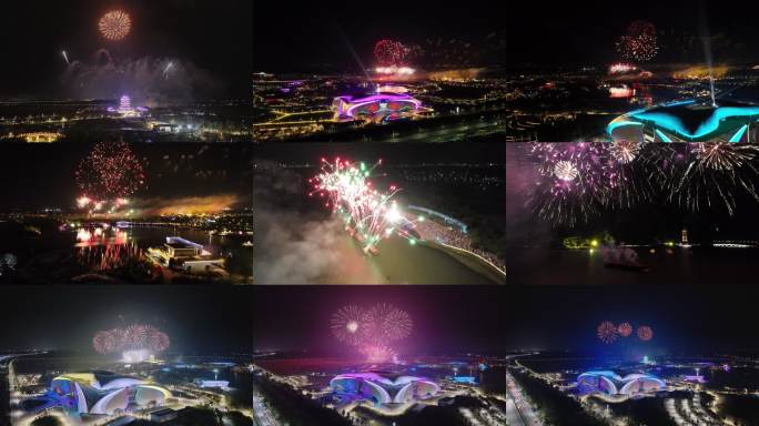 城市夜空烟花秀航拍