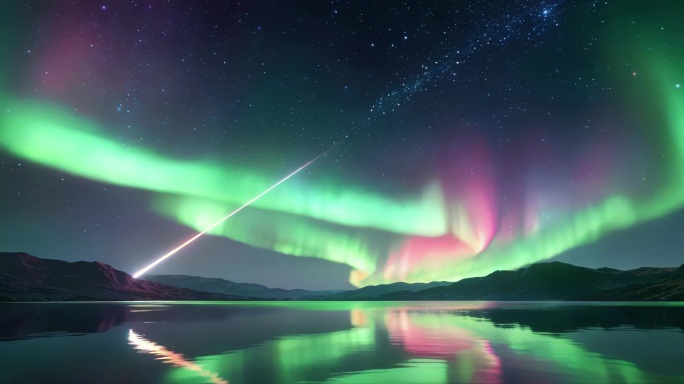 5K宽屏极光湖面星空 绿色极光流星夜空