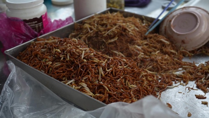 街头小吃摊的炒面配豆芽