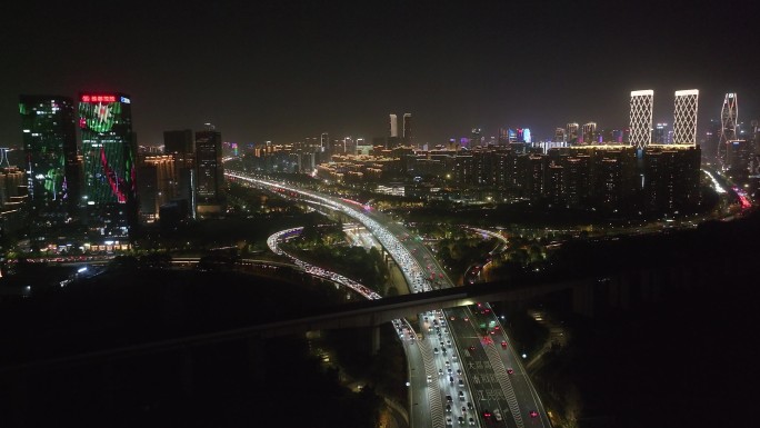萧山城市道路夜景路灯车流